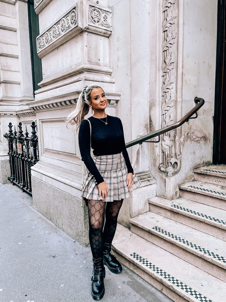 Chunky boots and short skirt gucci tights burberry