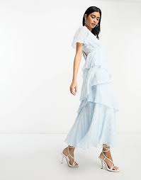 ASOS DESIGN dobby asymetric ruffle midi dress with tie back neck in pale blue polo races