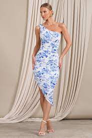 LATE NIGHT BLUE FLORAL PRINT RUCHED ONE SHOULDER MIDI DRESS