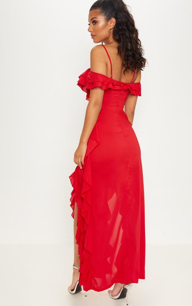 RED COLD SHOULDER RUFFLE DETAIL MAXI DRESS £40.00