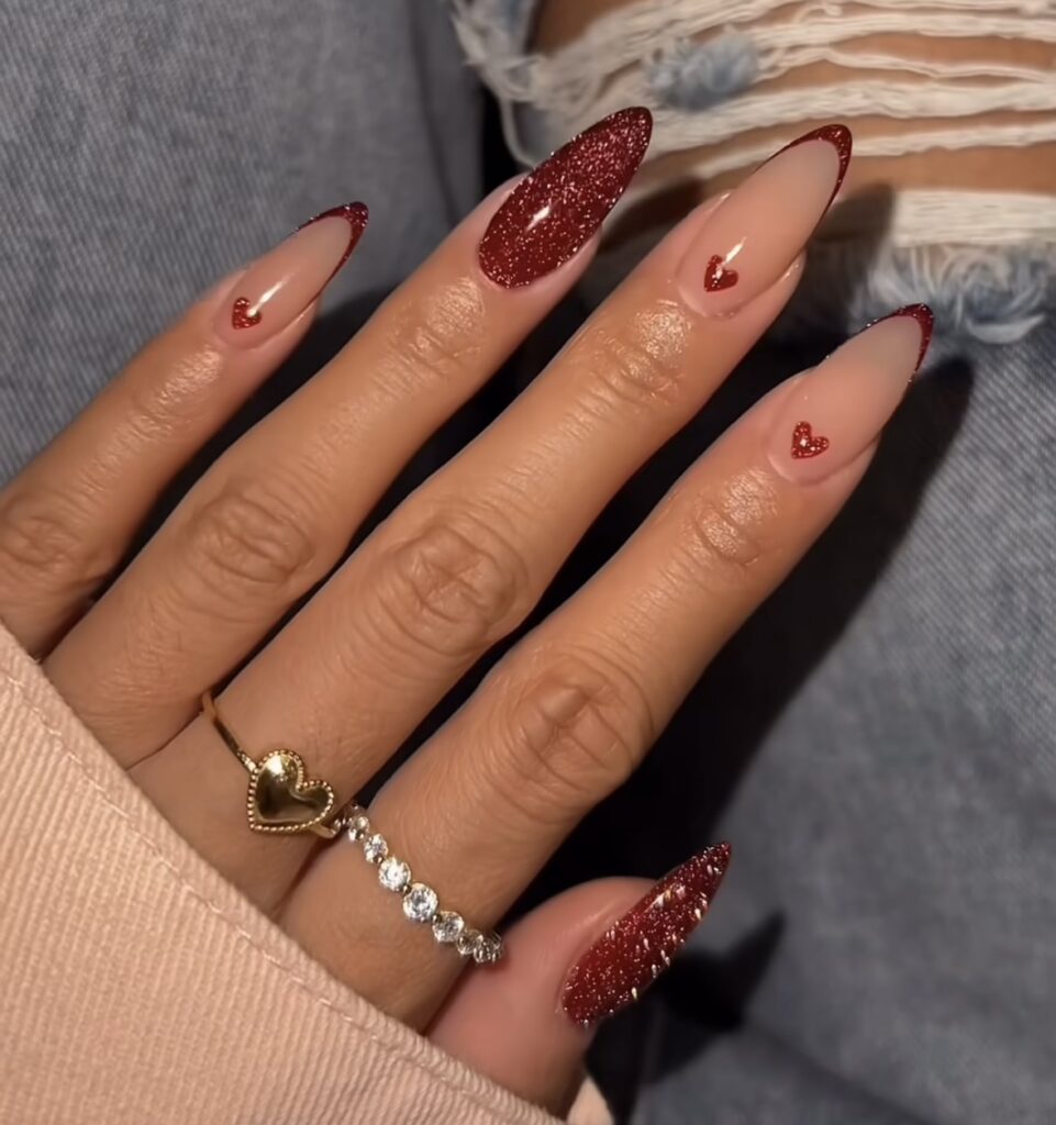 Nails aesthetic Glittery Red Heart Nails