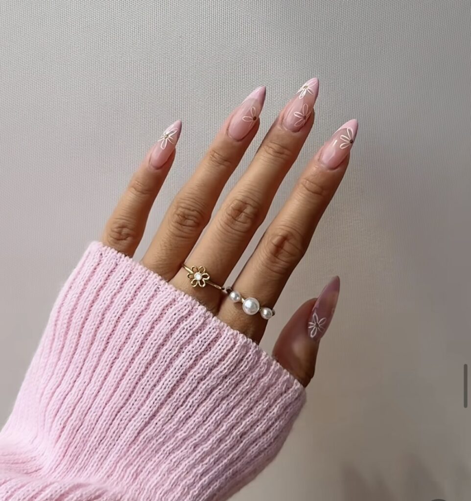 floral pink french tip nails