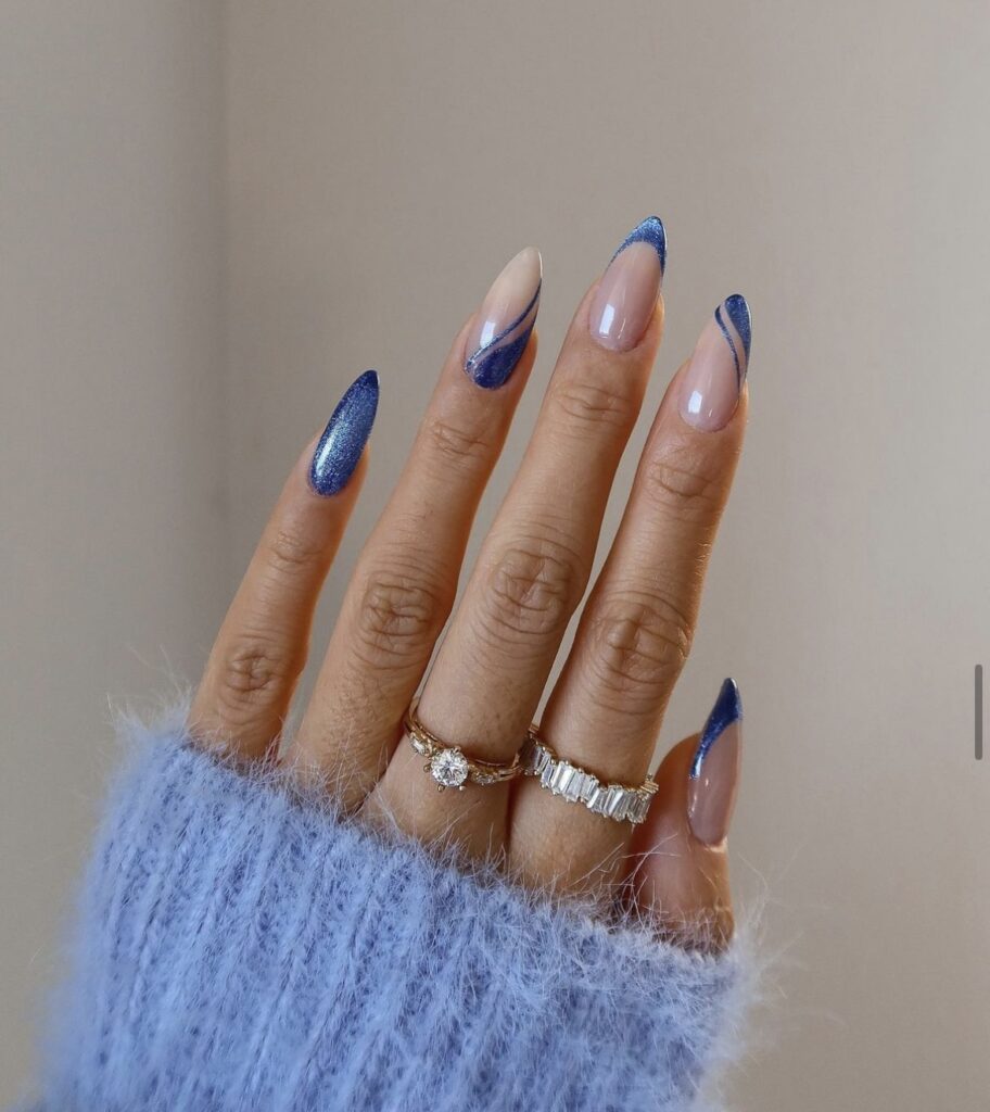 10 Cute Almond Nails Spring Trends 2024 Blue Glittery Spring Oval Nails